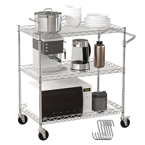 VEVOR-Kitchen-Utility-Cart-3-Tiers-Wire-Rolling-Cart-with-661-LBS-Capacity-Steel-Service-Cart-on-Wheels-Metal-Storage-Trolley-with-80-mm-Deep-Basket-Curved-Handle-6-Hooks-NSF-Listed VEVOR Kitchen Utility Cart 3 Tiers Wire Rolling Cart with 661 LBS Capacity Steel Service Cart on Wheels Metal Storage Trolley with 80 mm Deep Basket Curved Handle 6 Hooks NSF Listed