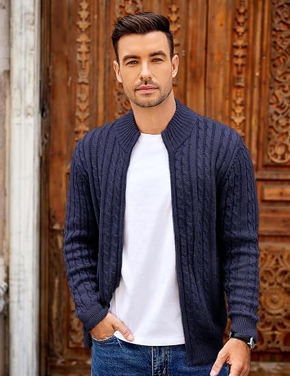 Image of TYSORT Men's Cotton Full Sleeve High Neck Full Zipper Sweater for Men, Cable Knitted Cardigan for Men