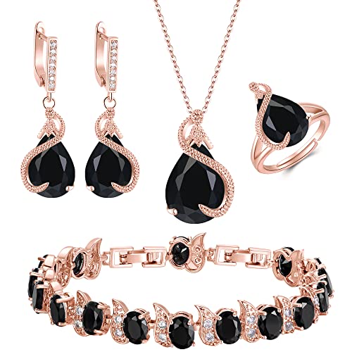 EVER FAITH Teardrop Cubic Zirconia Jewelry Set for Bride Bridesmaid, Glamour Pendant Necklace Earrings Tennis Bracelet Open Ring for Women Party