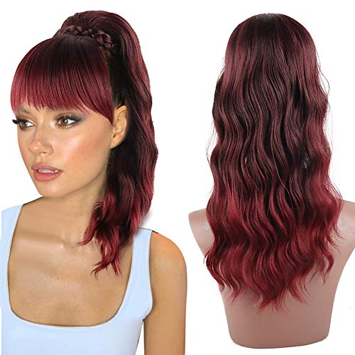 LEOSA Body Wave with Bang Ponytail Extension Hairpin Clip in Hairpieces Bang with Ponytail Heat Resistant for Women Red Ponytail