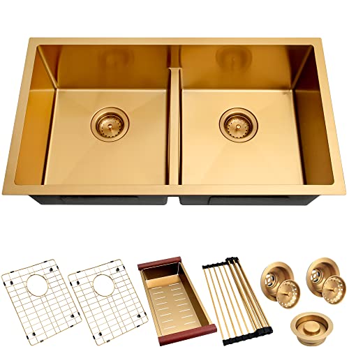 Zeesink 32" X 18" Double Bowl Kitchen Sink,Low-Divide 50/50 Double Sink,Undermount Kitchen Sink Gold,16 Gauge Stainless Steel Kitchen Sink #TOP1