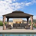 PURPLE LEAF 13' X 15' Outdoor Hardtop Gazebo Patio Wide Aluminum Frame Metal Double Roof with Heavy Duty Netting and Curtains for Permanent Hard Top Pavilion Screen with Lights, Khaki