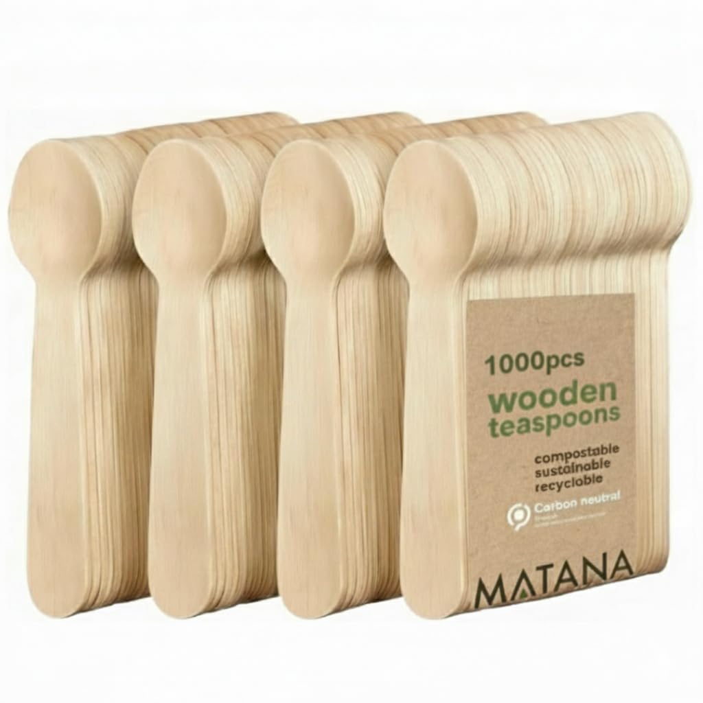 MATANA 1000 Premium Wooden Teaspoons - 14 cm Birch Wood, Smooth & Splinter-Free, Plastic-Free Mini Spoons for Coffee, Desserts, Tastings & Party Catering - Compostable and Biodegradable