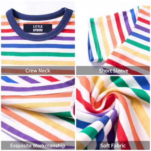 Image of LittleSpring Boys Girls T Shirt Rainbow Striped Cotton Crewneck Tees for Kids Fashion