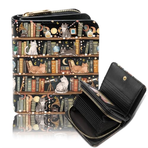 Goiicoln Bookshelf Cats Accordion Wallet Cute Cat Wallet Zipper Accordion Wallets for Women PU Leather Card Cases Money Organizers Wallets Credit Card Holder Large Capacity Cats Gift for Girl