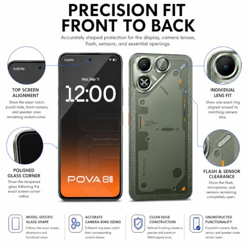 Image of ArmourPro Edge to Edge Tempered Glass for Tecno Pova 8 with Green Camera Ring Guard, 9H Screen Protector, Anti-Scratch, Anti-Fingerprint, Bubble-Free Installation Kit