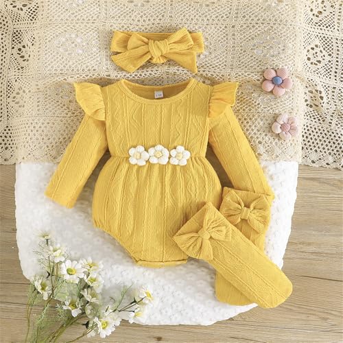 Newborn Infant Baby Girl Cotton Baby Romper Knitted 3d Flower Clothes Long Sleeve Warm Sweater Outfit With Socks2