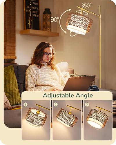 Image of EDISHINE Rattan Arc Floor Lamp, Gold Farmhouse Standing Lamps with Remote