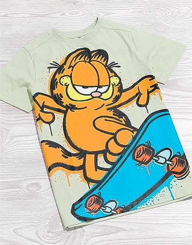 Garfield Kids T-Shirt | Boys Girls Character Skateboard Short Sleeve Pastel Green Top2