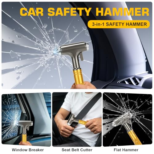 Image of Window Breaker, 3 in 1 Car Safety Hammer and Seat Belt Cutter Safety Emergency Car Escape Tool (Yellow) | Road Trip Essential and Must Haves