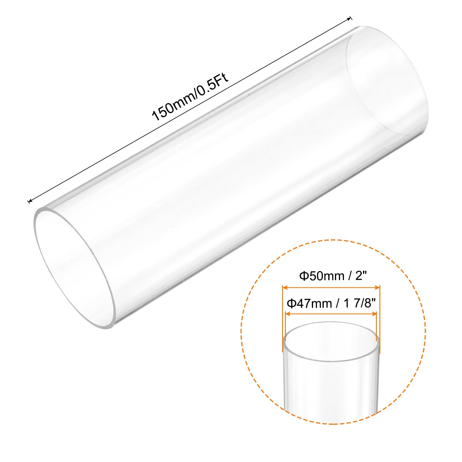 QUARKZMAN Tubo Rigido Rotondo Trasparente 47mm(1 7/8") ID x 50mm(2") OD x 0.5Ft(150mm) Lunghezza Tubo in Plastica