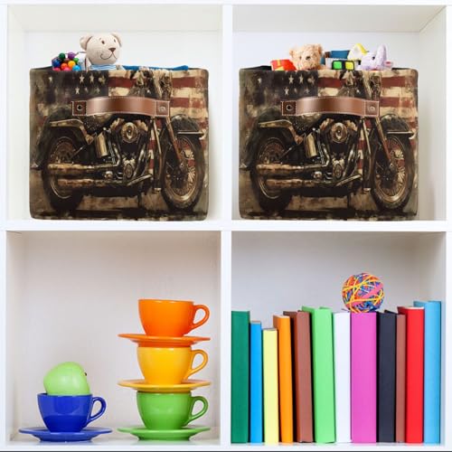 Image of Kigai Motorcycle Flag Storage Basket with Handles Waterproof Collapsible Storage Bin Canvas Fabric Basket Decorative Box Closet Organizer for Nursery Bedroom Office
