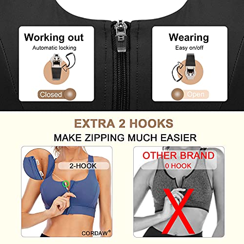 Image of Cordaw Zipper in Front Sports Bra High Impact Strappy Back Support Workout Top