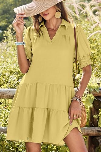Image of Dokotoo Casual Dresses for Women Lapel Collared V Neck Mid Sleeved Pleated Summer Dresses for Women 2026 Midi Dresses