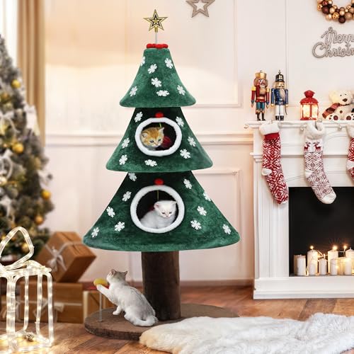 DWVO 52" Christmas Cat Tree with 2-Storey Cat House, Cat Tower with Cat Teaser Plaything for Indoor Cats, Cat Furniture for Christmas Decoration