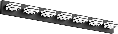 Miniatura 8 de Ralbay Lámpara LED moderna de tocador cromada de 46 pulgadas, 7 luces de baño, accesorios de acrílico arriba y abajo, iluminación montada en la