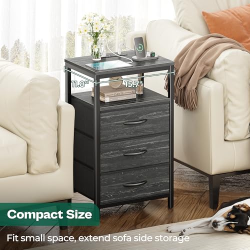 Image of Huuger Nightstand with Charging Station, 27.6 Inch Side Table with Fabric Drawers, End Table Bedside Table with USB Ports and Outlets, Night Stand for Bedroom, Charcoal Black Wood Grain Print