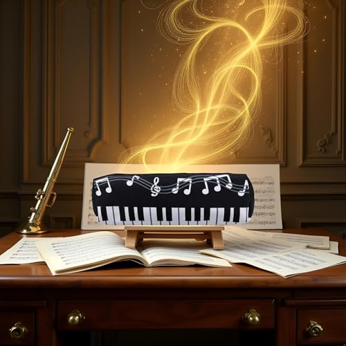 Image of 1pc Black Creative Single Layer Music Notes Piano Keyboard Oxford Cloth Pencil Case,Large Capacity Pencil Holders and Pen Holders Stationery Office Supplies Organization and Storage,Marker Cases