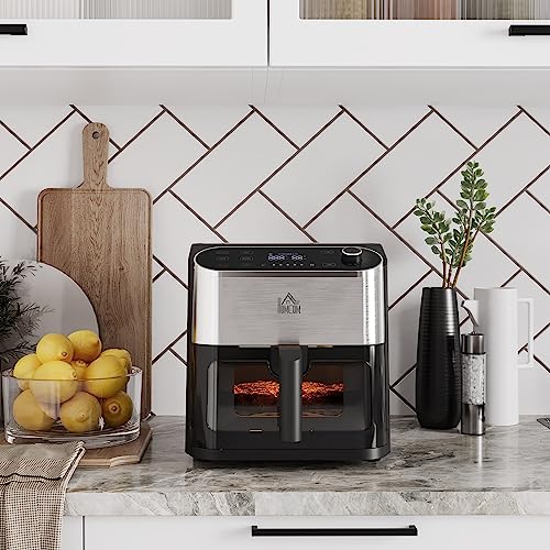 HOMCOM 4-in-1 heteluchtfriteuse, 6,5 l, 1350 W, met touchscreen-friteuse met timer en kijkvenster, heteluchtoven met antiaanbaklaag en bescherming tegen oververhitting voor olievrij frituren, zwart - Afbeelding 3