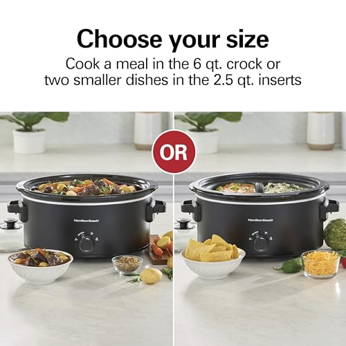 Image of Hamilton Beach 6 Quart Double Dish Slow Cooker, Cooks 2 Meals At Once | Dual 2.5 Quart Nonstick Insert | 3 Heat Settings | Serves 7+ | Dishwasher Safe Stoneware Crock & Glass Lid | Black | 33569