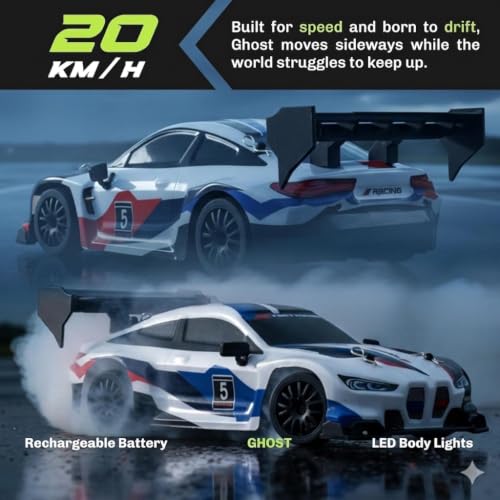 Image of FLYTEK RC Drift Racing Car 1:24 Scale 4WD 2.4GHz 20 Kmph (White and Red) | LED Lights, Replaceable Tyres, Flexible PVC Shell, Multi-Player Support, USB Rechargeable