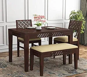 UrbonArts Wooden Dining Table 4 Seater | Four Seater Dinning Table with 2 Chairs & 1 Bench for Home | Dining Room Sets for Restraunts | Sheesham Wood, (CNC 2 Chair 1 Bench Walnut)