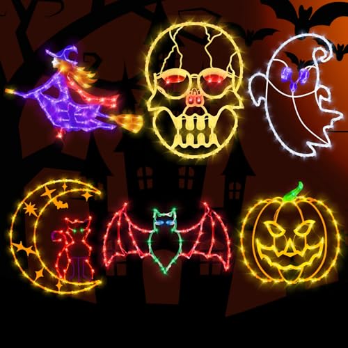 Decoraciones de Halloween – Luces de silueta de ventana de 16 pulgadas – Paquete de 4 luces LED de gato en luna y calavera y murciélago, bruja, calabaza y fantasma para decoración de ventanas de
