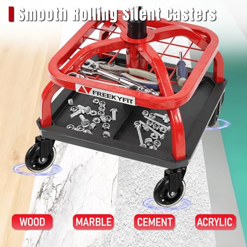 Image of Rolling Shop Stool with Wheels, Garage Work Mechanic Stool with Backrest, Roller Mechanic Chair, Adjustable Height, 360 Swivel, Tool Tray Storage, 330 LBS Capacity, Heavy Duty, Red