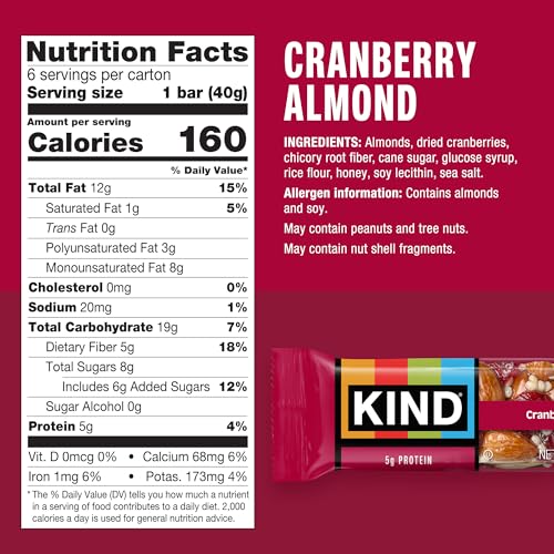 Image of KIND Healthy Snacks Bars, Cranberry Almond, Gluten Free, High Fiber Snacks, 5g Protein, 6 Count