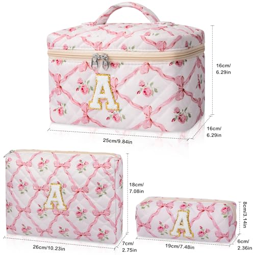 Makeup Bag, Quilted Cosmetic Bag, Large Floral Make Up Bag for Women Girls, Cute Big Cotton Makeup Bag Set, Flower Travel Toiletry Organizer Bag A2