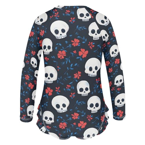 ALAZA Sugar Skull Red Flower Girls One Piece Swimsuit Long Sleeve Rash Guard Swimsuits UV 50+ Swimwear Zipper3