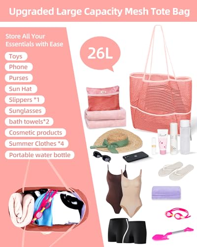 Image of Mesh Beach Tote Bag Packable,2026 New 2-in-1 Large Lightweight Foldable Beach Bags with Multiple Pockets for Women