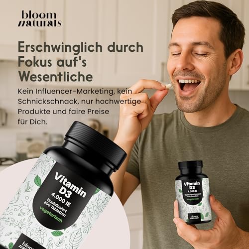 Vitamin D3 4000 IE hochdosiert - 400 Tabletten - vegetarisch & produziert in Deutschland - Verpackung kann variieren