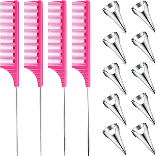 14 Pieces Hair Parting Rings with Pin Rat Tail Combs Kit, Hair Sectioning Rings for Braiding Rings Hair Selecting Parting Tool Hair Braiding Tools for Finger Weaving Hair Braiding Accessories (Pink)