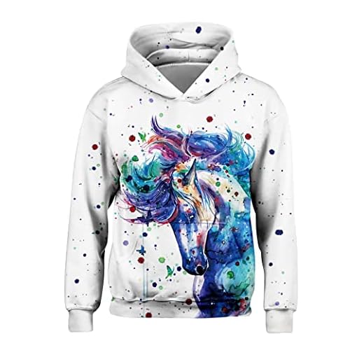 Freshhoodies Unisexe Sweat-Shirt à Capuche Enfant De Noël 3D Licorne Imprimé Drôle Blanche Fantaisie Animaux Ado Pull Hiver Garçon Hoodie Sweat-Shirt 8-11 Ans