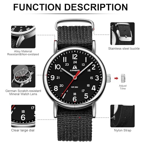 Image of LN LENQIN Mens Watches Unisex Military Sport Nylon Strap Stylish Luminous Fashion Analog Quartz Watch for Men Waterproof Army Tactical Casual Wristwatch