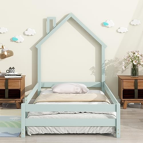DEYOBED Cama de suelo de tamaño individual con cabecera en forma de casa, cama de plataforma de madera con vallas de longitud completa para niños y niñas, marco de cama ideal, fácil montaje, verde