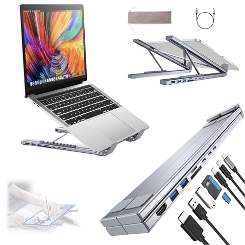 Civilized 8-in-1 USB-C Laptop Stand with Docking Station, Laptop Docking Station Stand with 4K HDMI, 2 USB 3.0, 2 USB-C, PD Input 100W, SD/TF Card Slots, Adjustable for All Laptops, Plug and Play