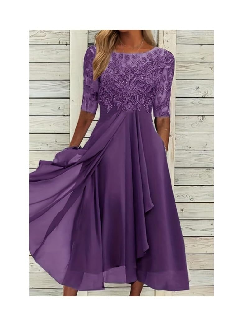 Générique Robe d’invitée de Mariage · Robes de Cocktail Femmes Bourgogne Dentelle Mousseline Mi-Longue Manches 1/2 Coupe A