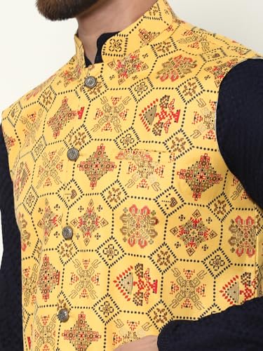 Image of SOJANYA (Since 1958 Men's Cotton Linen Maroon Kurta and White Pyjama with Mustard Cotton Nehru Jacket