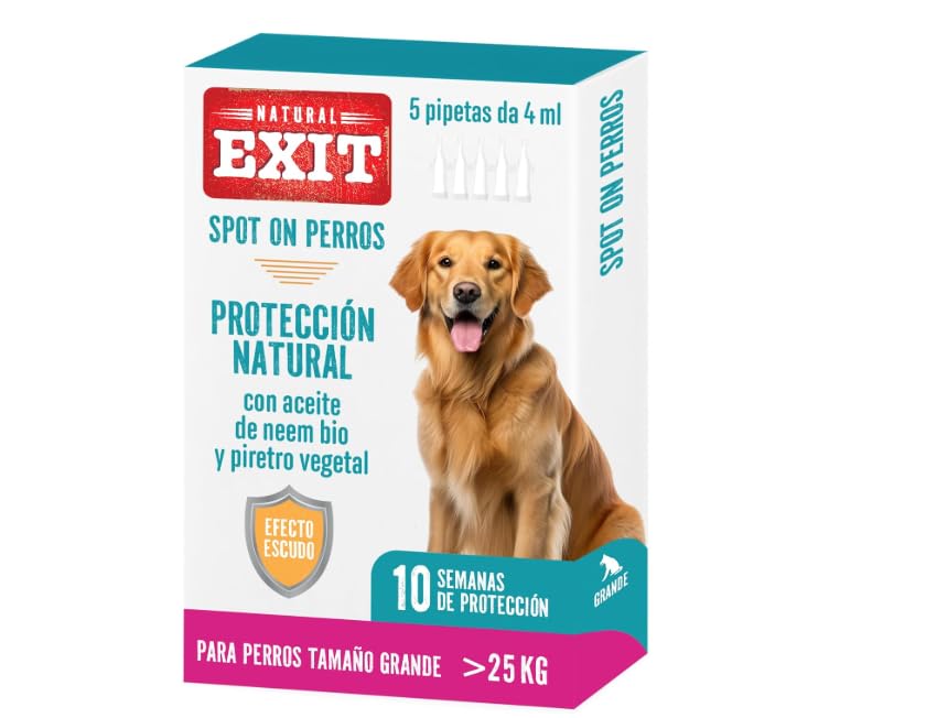 Natural Exit   Spot On Antiparasitario Natural para Perros, 5 Pipetas Reutilizables de Larga Duración, Protege contra Parásitos, Garrapatas, Pulgas, Piojos (>25 Kg   Tamaño Grande)