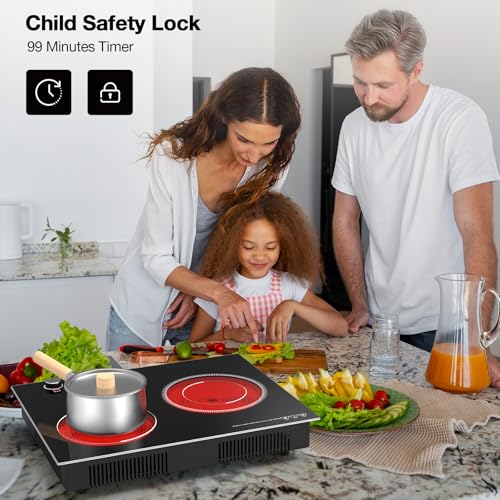 Image of VBGK Electric Cooktop,2100W Built-in & Countertop 2 Burner Electric Cooktop,Electric Stove Top with10 Heating Level, Timer & Kid Safety Lock, LED Knob Touch Control Electric Burner with Plug