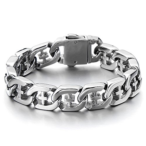 COOLSTEELANDBEYOND Men's Stainless Steel Curb Chain Bracelet with Cross Silver Color High Polished