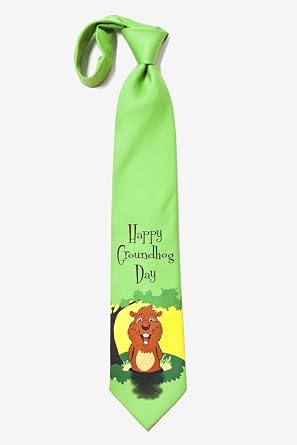 Wild Ties Green Microfiber Tie | Happy Groundhog Day Necktie