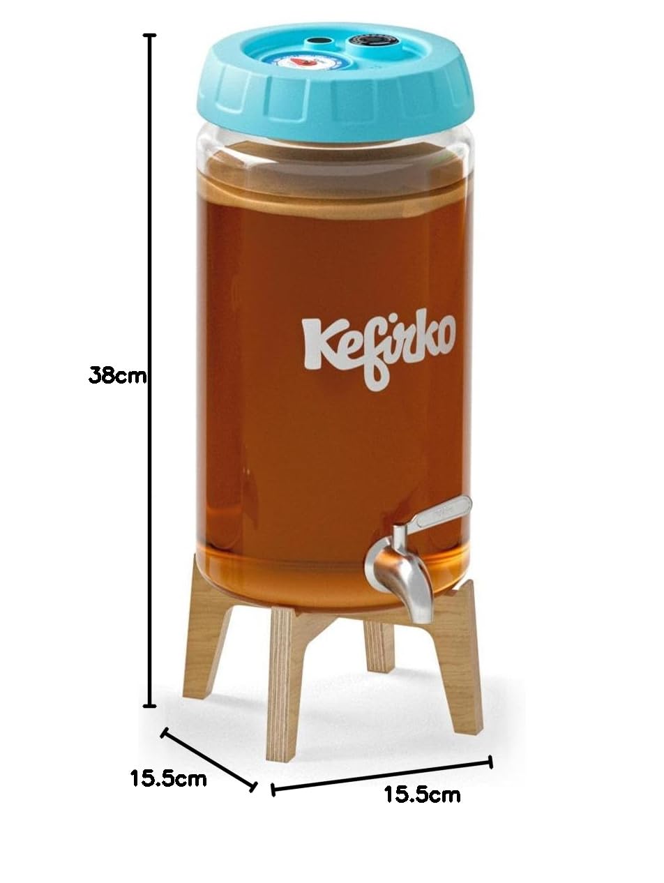 Kefirko Kombucha Kit de fermentation | Bocal en verre, couvercle, filtres, horloge de fermentation et livre de recettes, 4 litres (bleu)