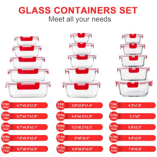 KOMUEE 30 Pieces Glass Food Storage Containers Set, Meal Prep Containers Set with Snap Locking Lids, Airtight Glass Lunch Containers, Microwave, Oven, Freezer & Dishwasher, Red