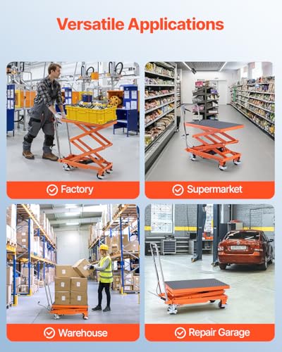 Image of VEVOR Hydraulic Lift Table, 500 lbs Capacity, 47.2 inch Lifting Height, Double Scissor Lift Table Cart with 4 Wheels and Non-Slip Pad, Manual Hydraulic Lifting Cart for Material Handling & Transportation