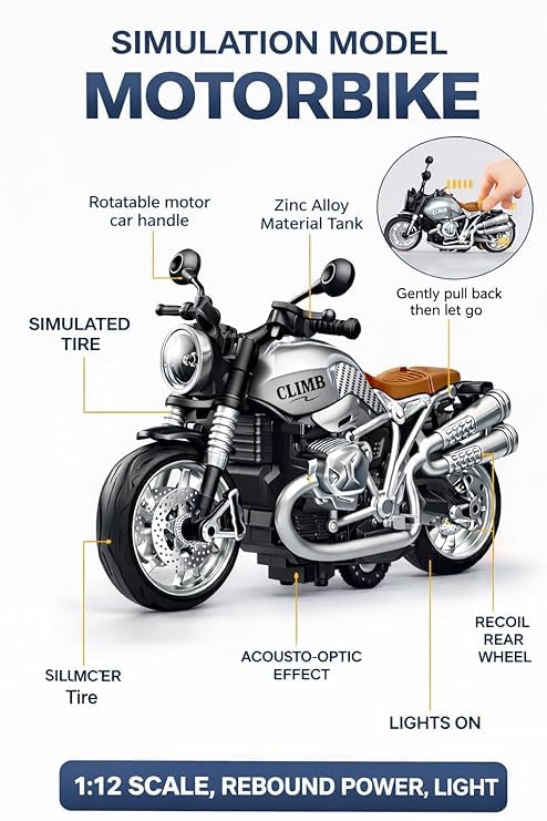 Image of Braintastic Model Diecast Car Toy Vehicle Pull Back Friction with Openable Doors Light & Music Toys for Kids Age 3+ Years (Sports Bike Silver)