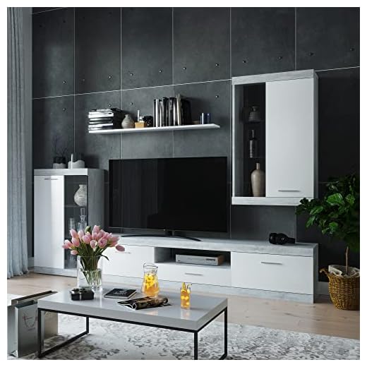 Homely - Mueble de Salón Modular EsCanar 245 cm | Conjunto 4 Muebles | Completo | Mueble para Televisión + Mueble Bajo + Mueble Alto + Estantería Alta | Color Gris Cemento y Blanco