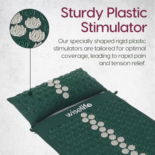Image of WiseLife Acupressure Mat & Pillow Set with Bag | Acupuncture Mat for Neck & Back Pain Relief | Muscle Relaxation & Stress Relief | Sciatica Pain Support Large 71x44 cm (Dark Green)